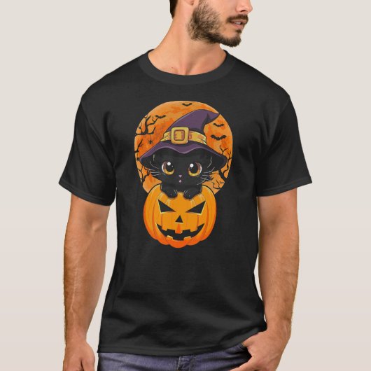 Funny Halloween Black Cat Pumpkin Witch Hat Moon C Tシャツ (正面)