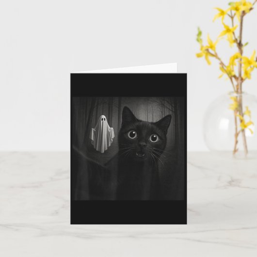 Funny Halloween Black Cat Selfie With Soky Ghost C カード (黄色い花)