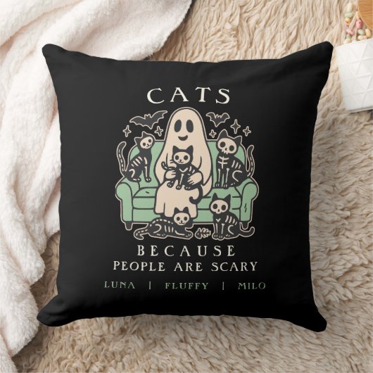 Funny Halloween Cat and Ghost Throw Pillow クッション (ブランケット)