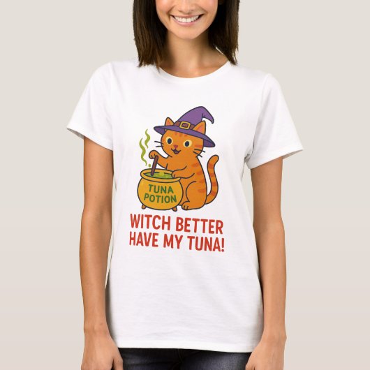 Funny Halloween Cat Witch T-Shirt  Tシャツ (正面)