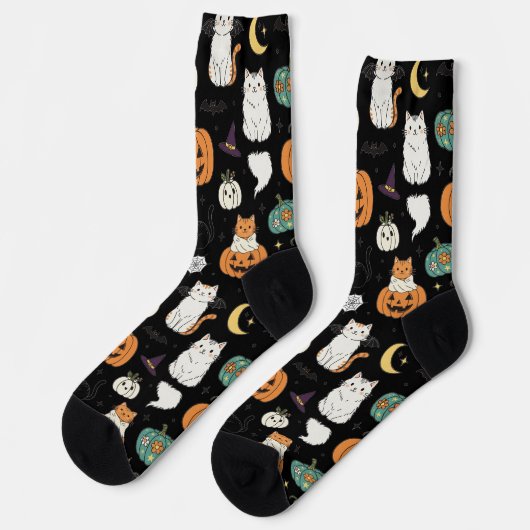 Funny Halloween Cats and Pumpkins  ソックス (左)