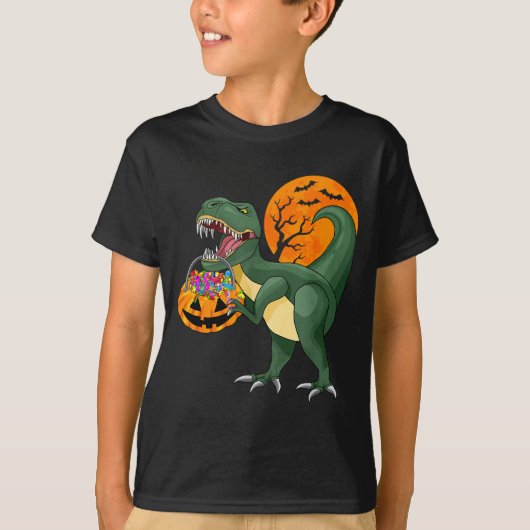 Funny Halloween Dinosaur Pumpkin Y T Rex Boys Kids Tシャツ (正面)