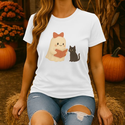 Funny Halloween Ghost Cat Reading Tシャツ