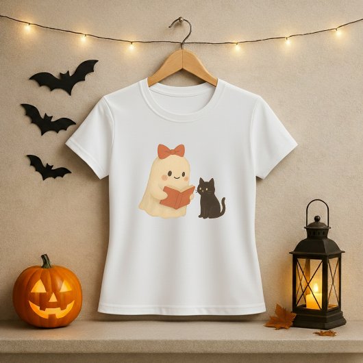 Funny Halloween Ghost Cat Reading Tシャツ