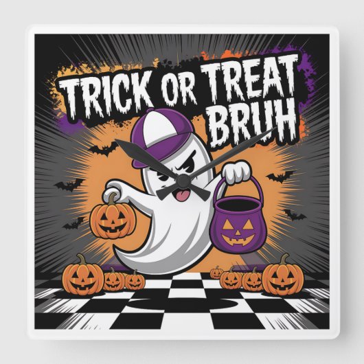 Funny Halloween Ghost & Pumpkins スクエア壁時計 (正面)