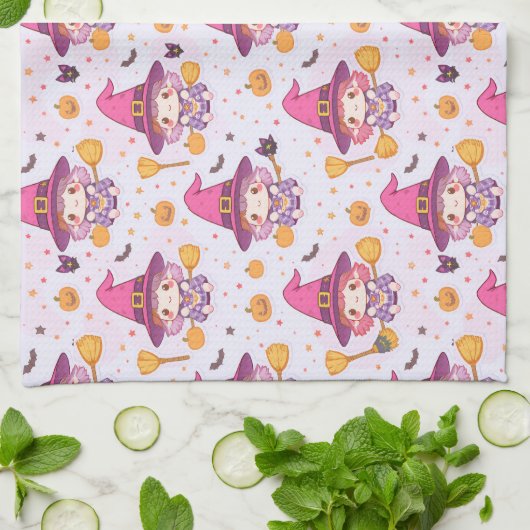 Funny Halloween Pattern with Pumpkins and witch キッチンタオル (折り畳み)