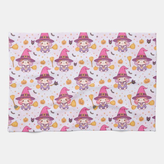 Funny Halloween Pattern with Pumpkins and witch キッチンタオル (横)
