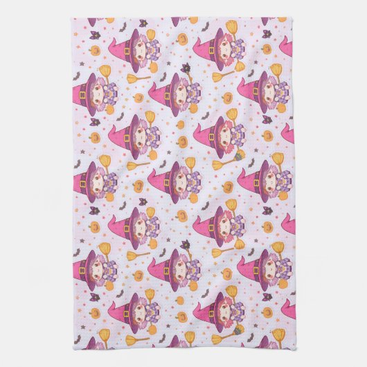 Funny Halloween Pattern with Pumpkins and witch  キッチンタオル (縦)