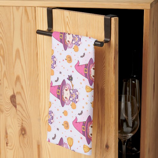 Funny Halloween Pattern with Pumpkins and witch  キッチンタオル