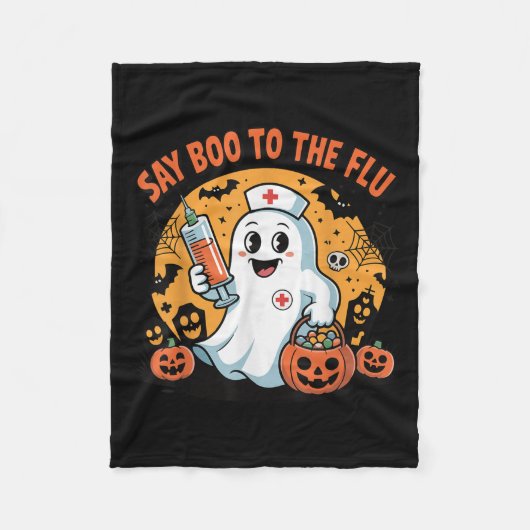 Funny Halloween Quote Say Boo To The Flu Cool Vacc フリースブランケット (正面)