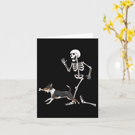 Funny Halloween Rat Terrier And Skeleton  カード (黄色い花)
