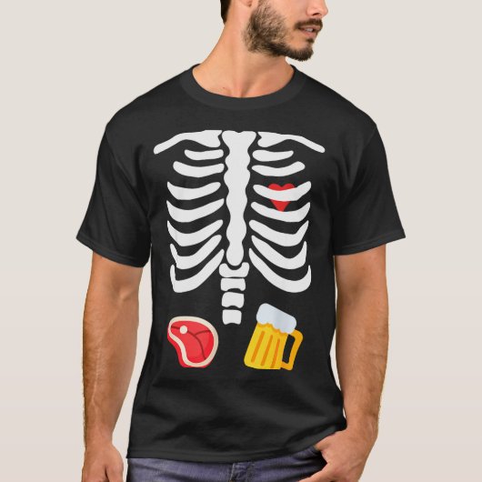 Funny Halloween Skeleton Beer &amp; Steak Costume  Tシャツ (正面)