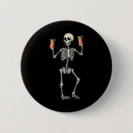 Funny Halloween Skeleton Drinking Bloody Mary Tail 缶バッジ (正面)
