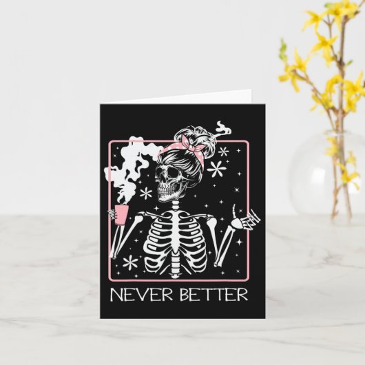 Funny Halloween Skeleton Drinking Coffee Quote Nev カード (黄色い花)