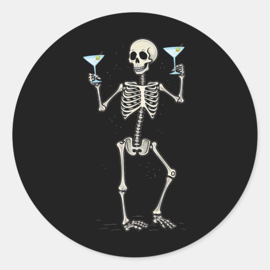 Funny Halloween Skeleton Drinking Martini Tail ラウンドシール (正面)
