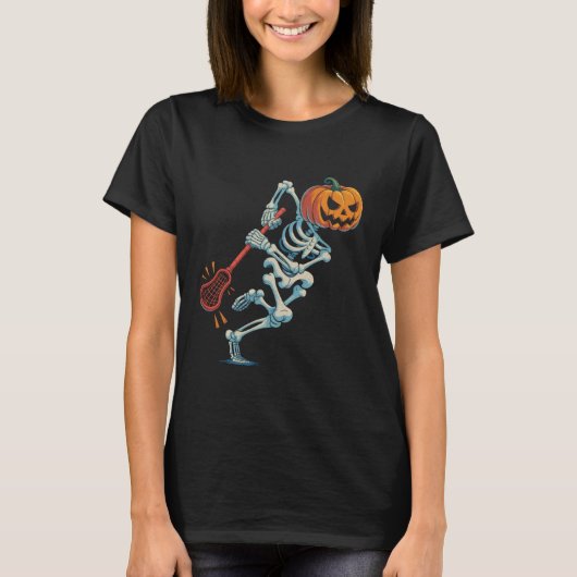 Funny Halloween Skeleton Pumpkin Lacrosse Spooky H Tシャツ (正面)