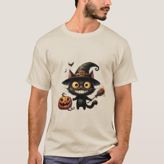 Funny Halloween Witch Cat with Magic Broom 🐾🧹 Tシャツ (正面)