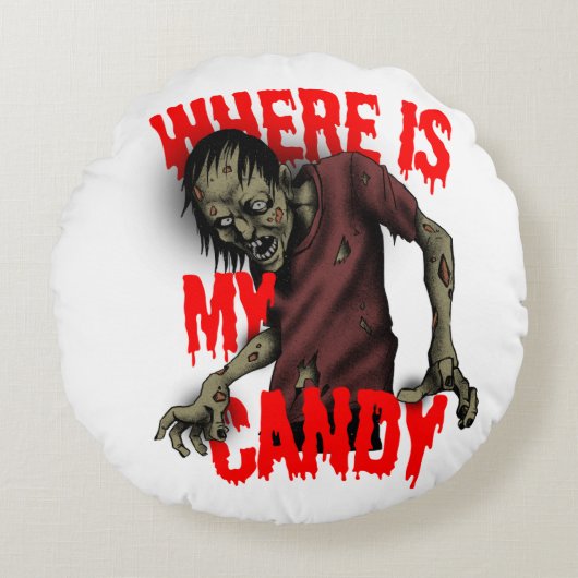 Funny Halloween Zombie Pillow – “Where Is My Candy ラウンドクッション (正面)