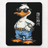 Funny hand drawn cartoon duck wearing jeans マウスパッド (正面)