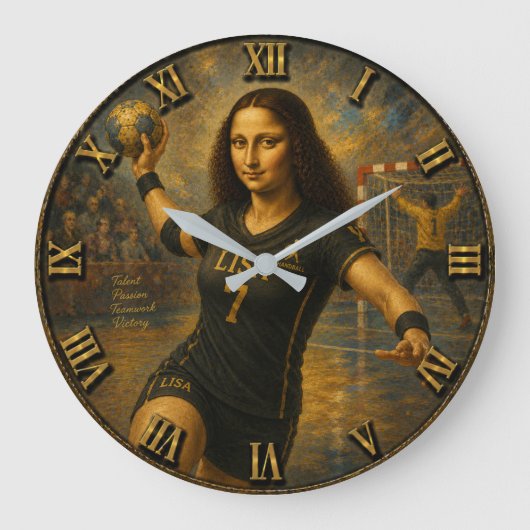 Funny Handball Mona Lisa Handball Player Gift ラージ壁時計 (正面)