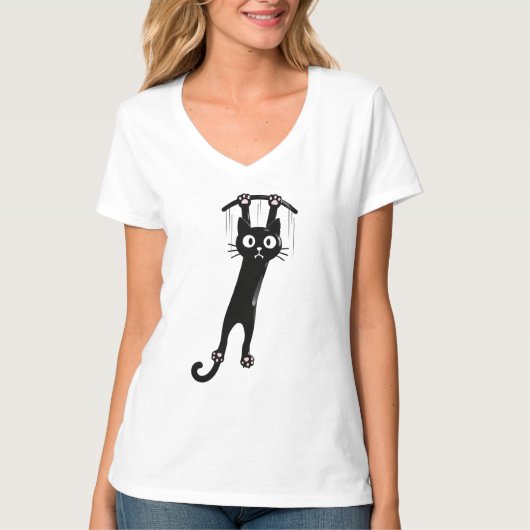 Funny Hanging Black Cat T Shirt Cute Cartoon Cat L Tシャツ (正面)