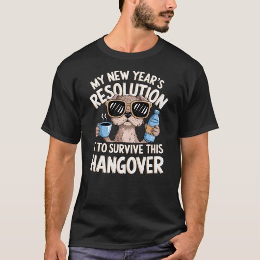 Funny Hangover Survival Dog New Year's Resolution Tシャツ (正面)