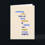 Funny Hanukkah Love Latkes Lights Blue Custom シーズンカード<br><div class="desc">Funny Hanukkah Love Latkes Lights in Blue Holiday Card with custom letter or message inside</div>
