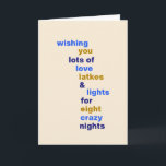 Funny Hanukkah Love Latkes Lights Blue Custom シーズンカード<br><div class="desc">Funny Hanukkah Love Latkes Lights in Blue Holiday Card with custom letter or message inside</div>