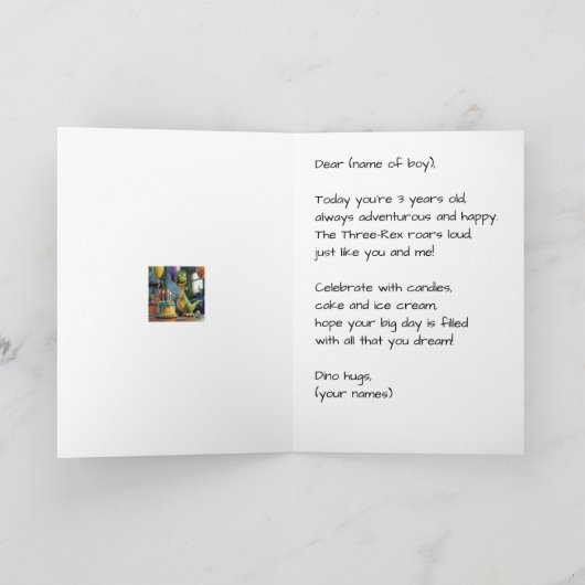 Funny Happy 3rd Birthday Boy, Dino, Personalized  カード (内部)