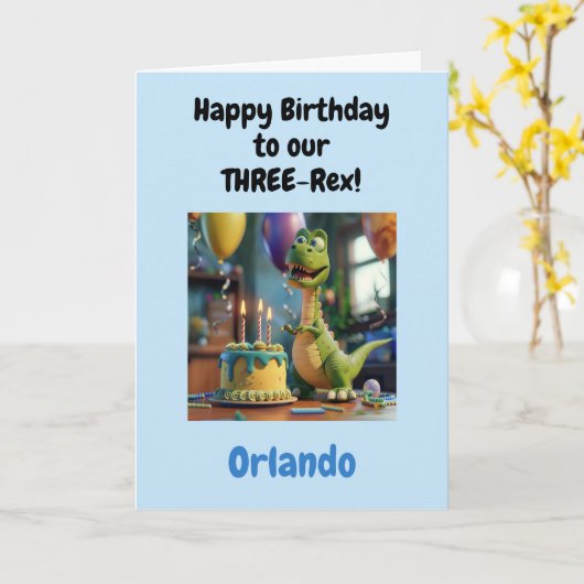 Funny Happy 3rd Birthday Boy, Dino, Personalized  カード (黄色い花)