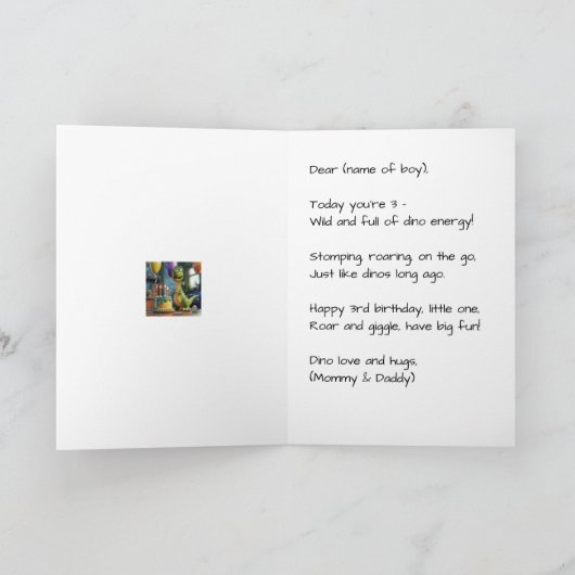 Funny Happy 3rd Birthday Son, Dino, Personalized カード (内部)