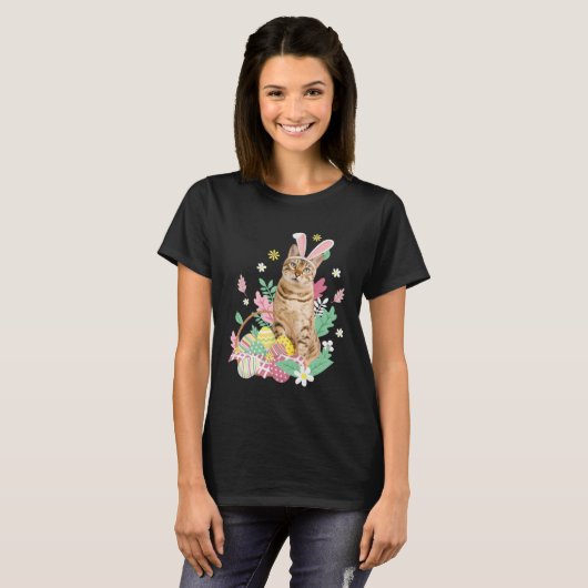 Funny happy easter cute cat bunny eggs basket rabb tシャツ (正面フル)