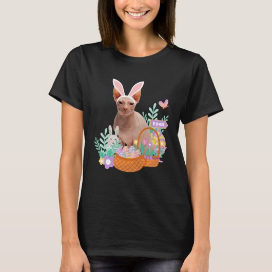 Funny happy easter sphynx cat bunny eggs basket ra tシャツ (正面)