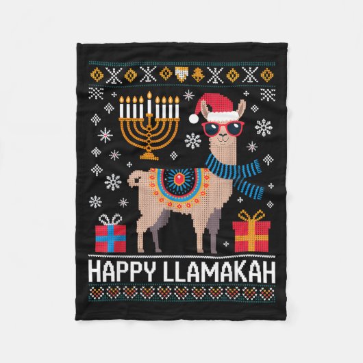 Funny Happy Llamakah Llama With Menorah フリースブランケット (正面)
