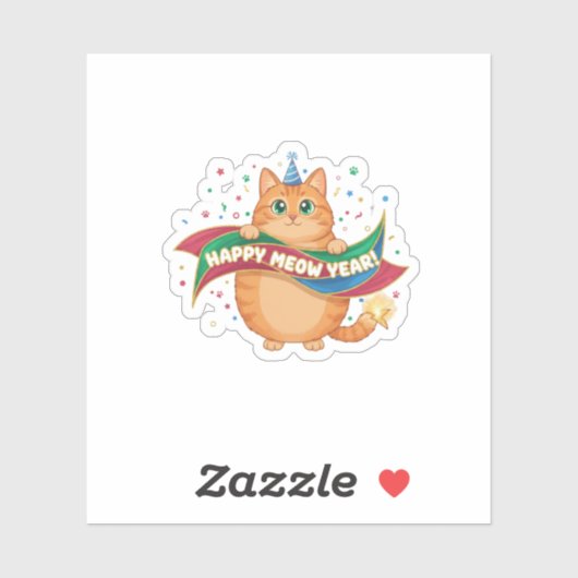 Funny "Happy Meow Year" Cat Pun Festive Confetti シール (シート)