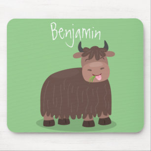 Funny happy yak eating grass cartoon illustration マウスパッド