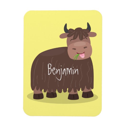 Funny happy yak eating grass cartoon illustration マグネット (縦)
