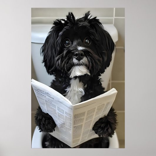 Funny Havanese Dog Print, Newspaper Bathroom ポスター (正面)
