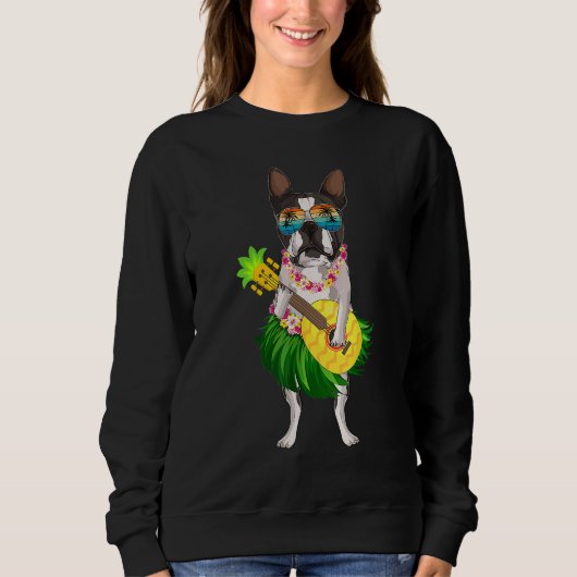Funny Hawaiian Boston Terrier Dog Pineapple Ukulel スウェットシャツ (正面)