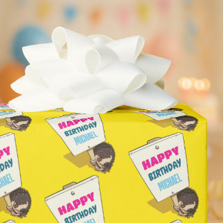 Funny Hedgehog Add The Name Happy Birthday Cartoon ラッピングペーパー