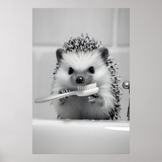 Funny Hedgehog Brushing Teeth Bathroom Print ポスター (正面)