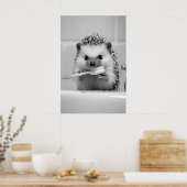 Funny Hedgehog Brushing Teeth Bathroom Print ポスター (キッチン)