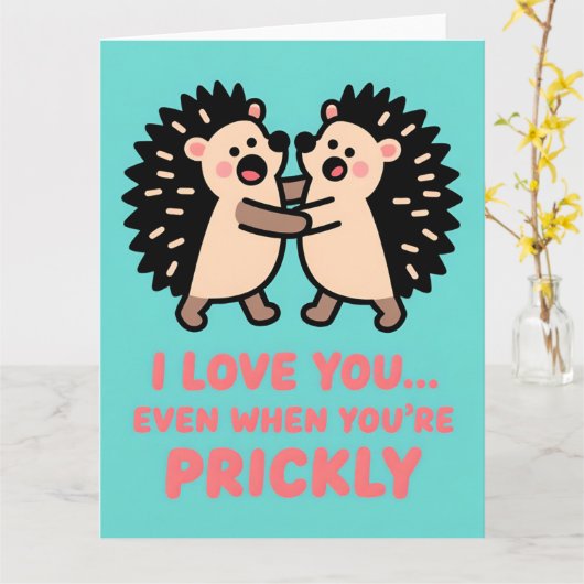 Funny Hedgehog Valentine Humor Greeting Card カード (黄色い花)