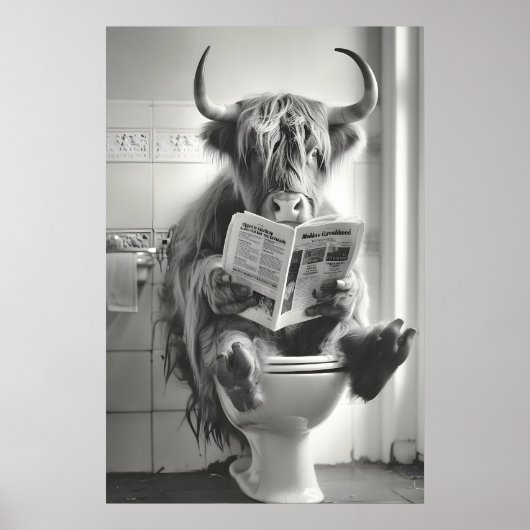 Funny Highland Cow Bathroom Print, Newspaper ポスター (正面)