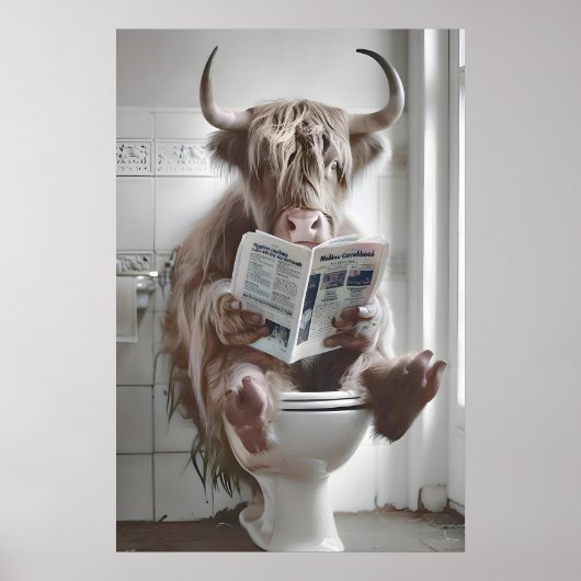 Funny Highland Cow Bathroom Print, Toilet ポスター (正面)