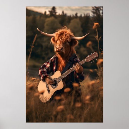 Funny Highland Cow Guitar Print, Farm Animal Art ポスター (正面)