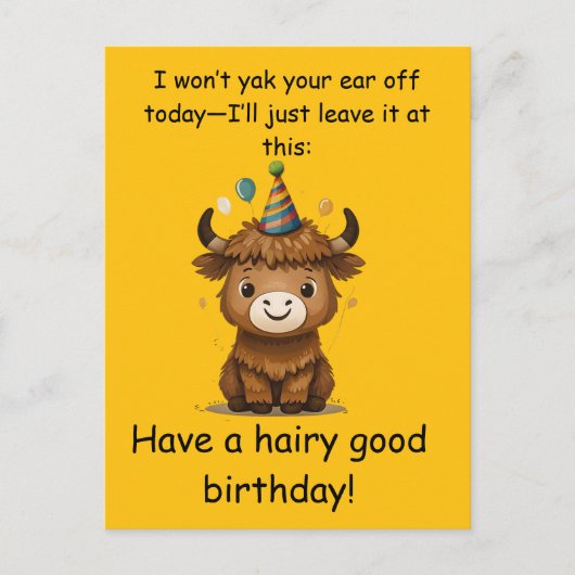 Funny Highland Yak: Hairy Good Birthday Puns ポストカード (正面)