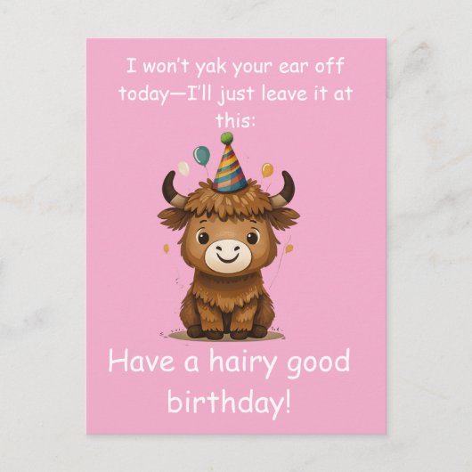 Funny Highland Yak: Hairy Good Birthday Puns ポストカード (正面)