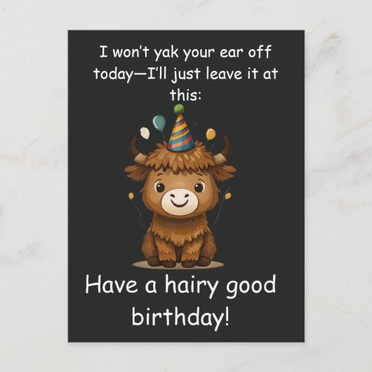 Funny Highland Yak: Hairy Good Birthday Puns ポストカード (正面)