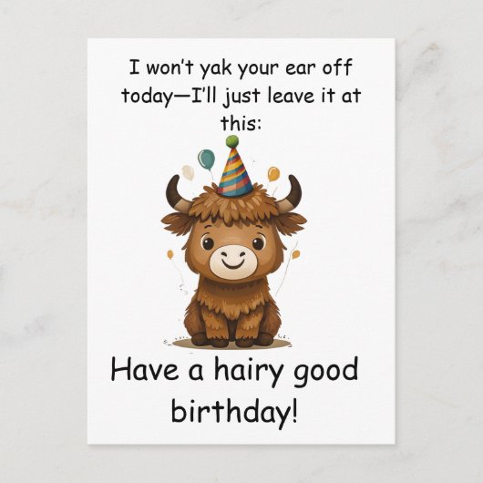 Funny Highland Yak: Hairy Good Birthday Puns ポストカード (正面)